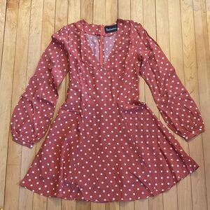 Realisation Par Red Polka Dot V-Neck Dress 100% Silk